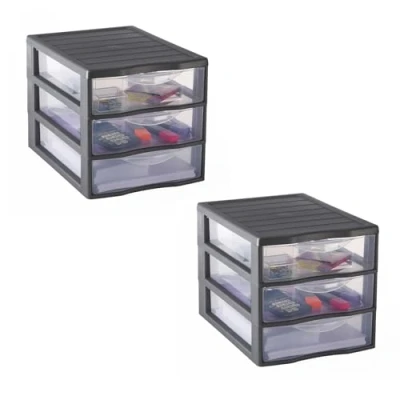 Image de Sundis Orgamix, lot de 2 tours rangement en plastique gris, 3 tiroirs transparents format papier A4, hauteur 25,5 cm, superposables, idéales bureau, cours, documents, fournitures