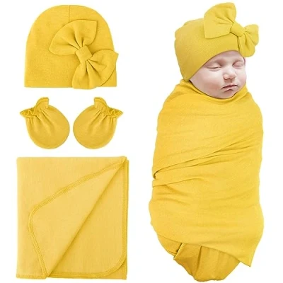 Image de DRESHOW Couverture d&#039;emmaillotage pour Nouveau né en Coton Avec Moufles et Bonnets d&#039;hôpital