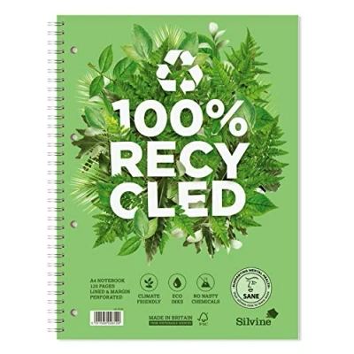 Image de Silvine Réf R102 Premium Cahier en papier recyclé Reliure intégrale Ligné avec marge, perforé 120 pages 80 g/m² A4+ Lot de 5 (Import Royaume Uni)