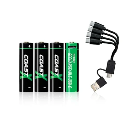 Image de Coast Zithion X Lot de 4 Piles AA USB C, Lithium ION 1,5 V 2400 mAh, Longue durée, Charge en 2,5 Heures Maximum, Plus 1000 Cycles Charge, câble Inclus