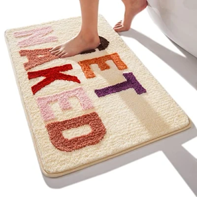 Image de QJHOMO Get Naked Tapis de Bain Beige 50 x 80 cm, antidérapant pour Salle Bain, Motif Lettres colorées, en Microfibre Douce, Lavable Machine