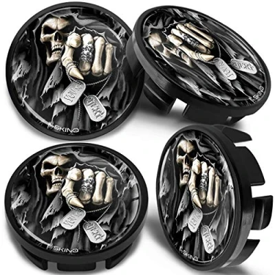 Image de SkinoEu Lot de 4 Enjoliveur Cache Moyeux Capuchon Centre Roue 65 mm, Compatible avec VW Enjoliveurs 3B7 601 171 / 6U7 Noir Crâne CV 33