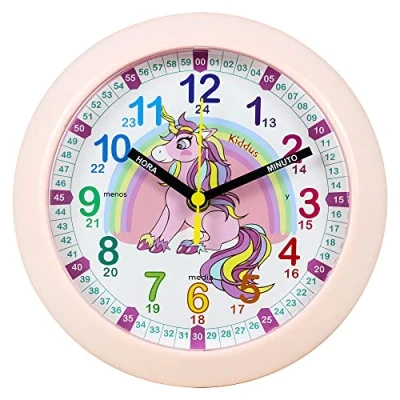 Image de Kiddus Horloge Murale Éducative pour Enfants, Garçon, Fille. Time Teacher Analogique avec Exercices. Facile d’Apprendre à Lire l’Heure. Mécanisme en Quartz Silencieux. Español Unicornio