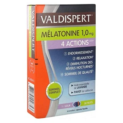 Image de Valdispert Melatonine 4 Actions 1mg à base de plantes et mélatonine Complément alimentaire 30 capsules