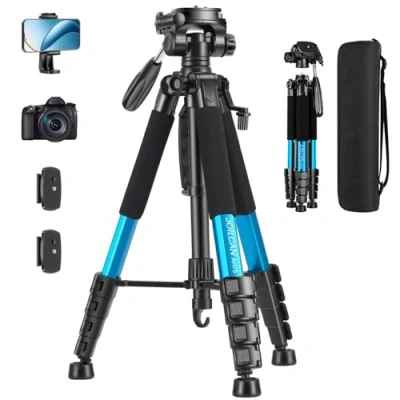 Image de JOILCAN 187cm Trépied pour Appareil Photo, Professionnel Aluminium Caméra avec tête pan Amovible à 3 Voies, Portable Photo téléphone Support Convient aux caméscope DSLR (Bleu)