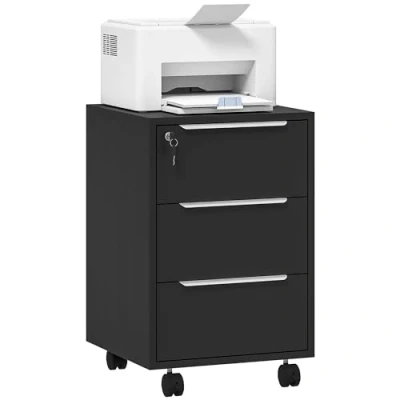 Image de HOMCOM caisson bureau mobile avec 3 tiroirs et serrure, meuble rangement sur roulettes pour documents imprimante, de compact travail ou chambre, 40x40x63,5cm, noir
