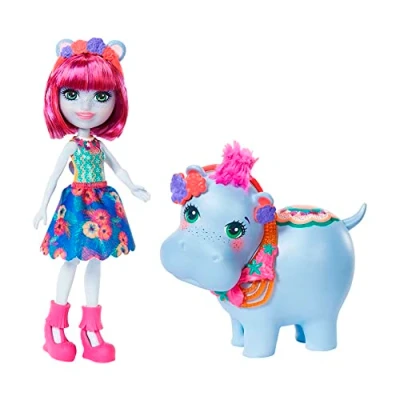 Image de Enchantimals Mini poupée Hedda Hippo et figurine animale Lake aux cheveux courts roses avec jupe à motifs en tissu, jouet pour enfant, GFN56