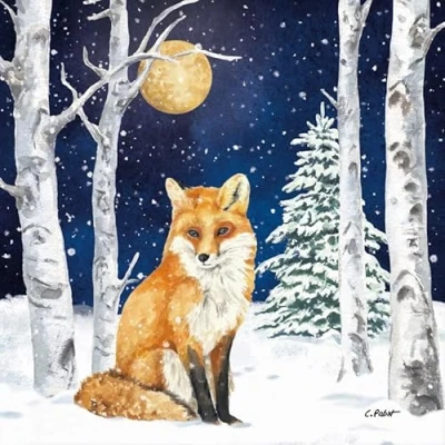Image de Lot de 20 serviettes en papier avec motif renard d&#039;hiver au clair lune Convient également pour le découpage et la technique des 33 x cm