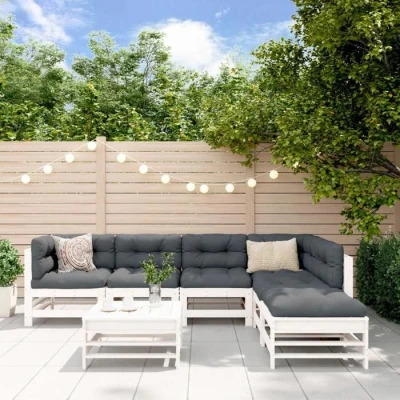 Image de vidaXL Salon de Jardin 7 pcs, Canapés avec Repose pied, Ensemble Meubles Table Basse Patio Terrasse, Rustique, Blanc