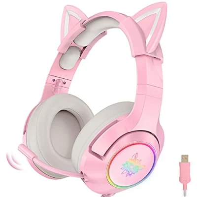 Image de Casque De Jeu Rose, avec Oreille Chat, à Son Surround 7.1 Réduction Bruit Réglable, Lumière LED, Microphone Rétractable Et Chat Détachable