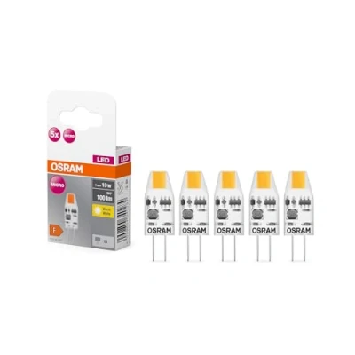 Image de OSRAM LED BASE PIN MICRO, pack avantage de 5 lampes basse tension, remplace les spéciales 10W classiques, blanc chaud (2700K), 1W, G4, verre mat, non dimmable, ultra compact