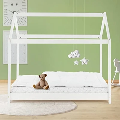 Image de ML Design Lit d&#039;enfants 80x160 cm avec Toit et Sommier en Bois de Pin Massf, Blanc, Structure Maison Cabane pour Fille Garçon, Stable Robuste, Jeu Intérieur, Simple d`Adolescents