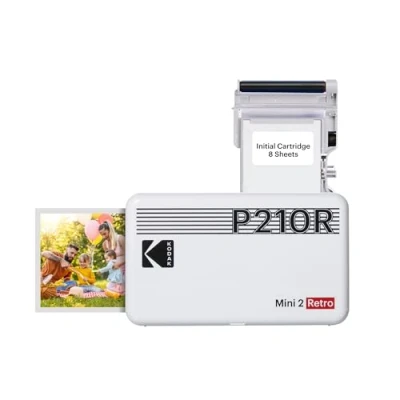 Image de KODAK Mini Retro 2 P210 Imprimante Connectée (Photo format Carte de Crédit 5,3 x 8,6 cm 2,1 3,4&#039;&#039;, Bluetooth, Batterie Lithium, Sublimation Thermique 4Pass, 8 photos incluses), Blanc
