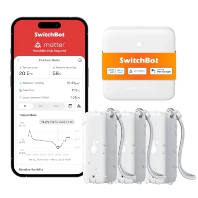Image de SwitchBot WiFi Thermo hygromètre 3 Pièces avec Hub Mini Matter, Thermomètre IP65, Capteur de température/de point rosée/VPD/d&#039;humidité absolu alertes intelligentes, Fonctionne Alexa