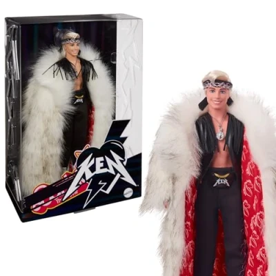 Image de Barbie Le Film Poupée Articulée Ken en Tenue Rocker Rebelle, avec Grand Manteau, Gilet À Franges Noir Et Bandana, Socle Inclus, Collectionner, Jouet Enfant, A Partir De 3 Ans, HRF31