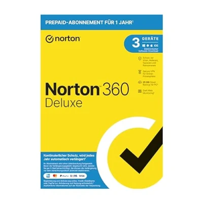 Image de Norton 360 Deluxe 2023 3 Geräte 1 Jahres Abonnement mit Automatischer Verlängerung Secure VPN und Passwort Manager PC/Mac/Android/iOS FFP, Aktivierungscode in Originalverpackung