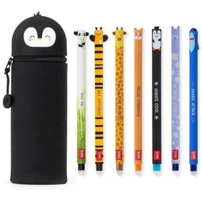 Image de LEGAMI Lot de 7 stylos gel effaçables + trousse Pingouin 2 en 1 avec encre effaçable thermosensible, gamme couleurs d&#039;encre et design baril, pointe 0,7 mm