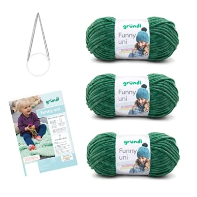 Image de Gründl Laine pour tricoter Ensemble de tricot Funny uni (fil chenille velouté) 3 x 100 g + aiguilles 5 6 instructions une couverture bébé, dark green