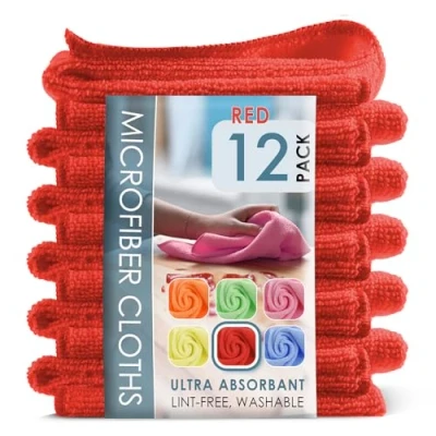 Image de Hearth &amp; Harbor Lot de 12 Chiffons Nettoyage en Microfibre pour Voitures, Rouges, Serviette réutilisable, Chiffon Le Nettoyage, Non