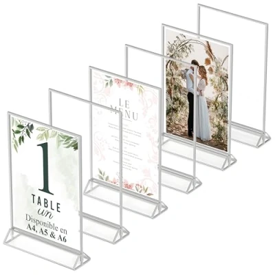 Image de Dasher Products cadres photos argent Double Face A4 Pack de 6 porte numéros table en acrylique, chevalets transparents pour affiche, menus,