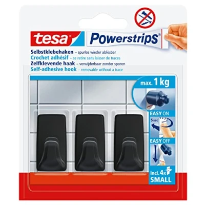 Image de Tesa Powerstrips Crochets Adhésifs Petit Format 3 x Muraux Autocollants Rectangulaires Accessoire Salle de Bain et Porte serviette Fixation Sans Percer Force Maintien 1 kg Noir