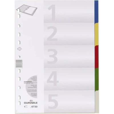 Image de Durable 673027 Jeu d&#039;intercalaires 5 Onglets Neutres de Couleur Perforation Universelle Feuille Garde en Polypropylène Format A4 Couleurs Assorties