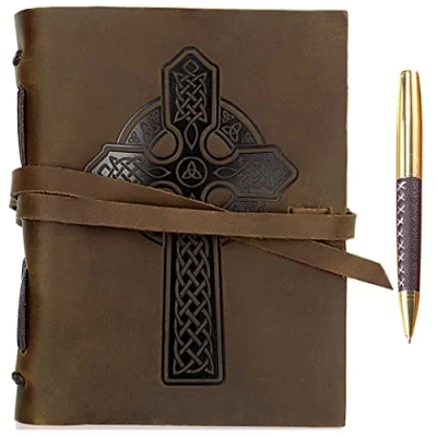 Image de Carnet de Notes Cuir Véritable Journal Avec Croix Celtique En Relief A5 Voyage à La Main Vintage Écriture Notebook Pour Hommes &amp; Femmes Antique Cahier Rustique 21x15cm Sketchbook
