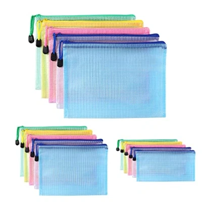 Image de Oderra Pochette Plastique A4+A5+A6, 15PCS Zippée, PVC Mesh Zipper Pouch Document Wallet, Ranger Papiers petits Objets des Fournitures,Cosmétiques et Accessoires de Voyage etc 5 Couleurs