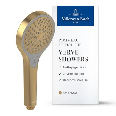 Image de Douchette à main Villeroy &amp; Boch Verve Showers, pomme de douche avec 3 types jets, clapet anti retour intégré, facile nettoyer, ronde, doré brossé