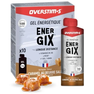 Image de Overstim.s Gel Energix (10 sachets) énergétique pour le sport (vélo, course à pied…) Energie longue durée (Glucose+Fructose+Maltodextrines) BCAA 100 kcal/gel Saveur Caramel Beurre salé