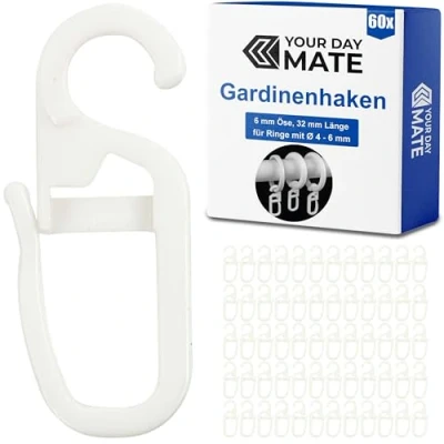 Image de 60 x Crochets à Rideaux avec œillets de 6 mm, Utilisables pour Anneaux Jusqu&#039;à Ø Rails et Tringles Rideaux, Accessoires Clapser Curtain Hooks