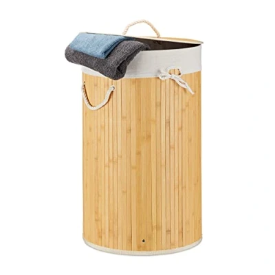 Image de Relaxdays Panier Bambou, Corbeille Pliante Couvercle, Volume 70 L, Sac à Linge Coton, Rond, Ø 41 cm, crème, Default_no_Selection_Value