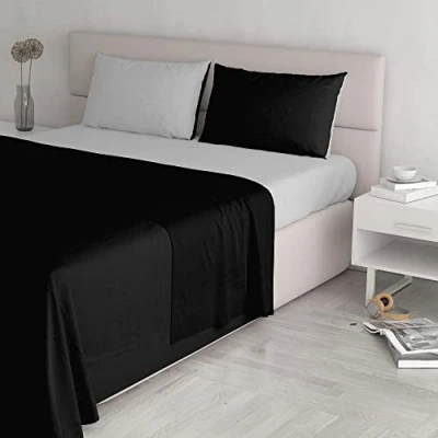 Image de Italian Bed Linen CL NC Nero/Grigio chiaro 2P Natural Color ensemble de draps lit, Noir/Gris clair, Double, 100 % Coton