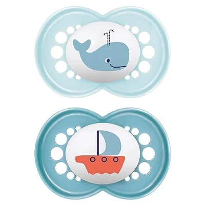 Image de MAM Lot de 2 tétines, originales, respectueuses des dents, pour bébé, fabriquées à partir matériaux durables et biologiques renouvelables, en silicone SkinSoft, avec boîte tétine, bébé