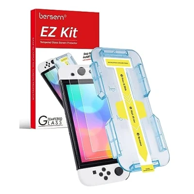 Image de BERSEM Lot de 2 Protection Écran en Verre Trempé pour Nintendo Switch OLED 7 Pouces 2021, Kit D&#039;alignement Automatique, Dureté 9H, HD Ultimate, Ultra Résistant, Sans Bulles D&#039;air