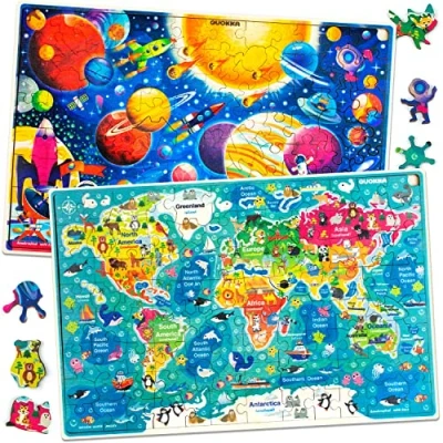 Image de Quokka Puzzle 100 Pièces Enfant 4 5 6 Ans Lot 2 Carte du Monde 7 8 Jouets Éducatifs en Bois avec Espace et Jeux Cadeau pour Garçons Filles de à 10