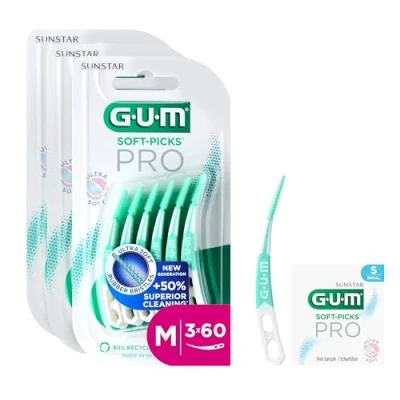 Image de Bâtonnets interdentaires GUM® SOFT PICKS® PRO forme incurvée pour un accès facile aux zones difficiles d&#039;accès action douce les gencives sensibles [M 3x60] (+1 bonus offert)