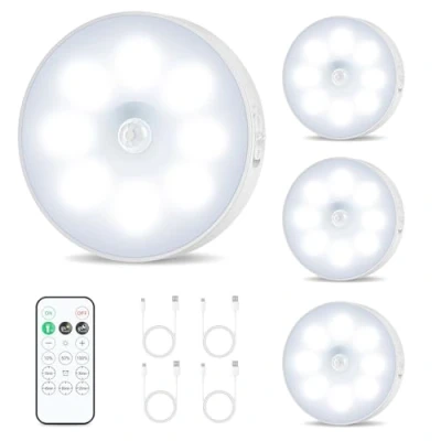 Image de Lot de 4 palets lumineux rechargeables avec télécommande, détecteur mouvement, lumières LED magnétiques sans fil à intensité variable, veilleuse coller pour armoire, comptoir, cuisine, couloir,