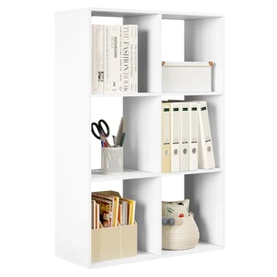 Image de WOLTU Bibliothèque, Étagère Rangement, Meuble de Bibliothèque à 3 Niveaux, Cube avec 6 Compartiments Ouverts, en Bois d’Ingénierie, Blanc, 71x29x106cm