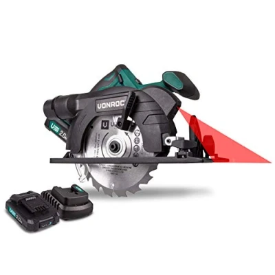 Image de VONROC Scie Circulaire sans Fil VPower 20V Batterie 2.0Ah + Chargeur Laser Intégré et LED Lame de 150mm 54 Dents, Guide Parallèle Sac Rangement Inclus (Sans Batterie)