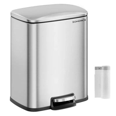 Image de SONGMICS Poubelle de Cuisine, à Pédale 20 L, Bac Ordures, Couvercle Fermeture Douce, Reste Ouverte, Seau Intérieur, 15 Sacs Poubelles Inclus, Argent Métallique LTB543E01