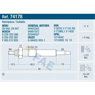 Image de FAE 74178 Bougie de préchauffage 11V M 10x1.25 OPEL: Astra F CC, Corsa A Kadett E Berline, ISUZU: Midi I Van