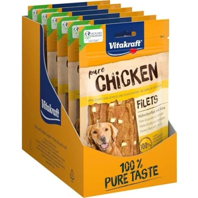 Image de Vitakraft Pure Chicken Filets de poulet et morceaux fromage Friandise à la viande pour chien Recette sans céréales ni sucre ajouté (9 x 80g)