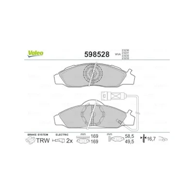 Image de VALEO 598528 Jeu de plaquettes frein Essieu avant contact signal d&#039;usure inclus SSANGYONG: Musso SUV, Korando II Sports Pick up