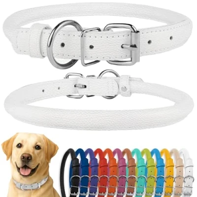 Image de CollarDirect Collier de Chien en Cuir roulé, Chiot Rond rembourré Doux, véritable Fait à la Main pour Petit Grand Chat 13 Couleurs (48 53 cm, Blanc texturé)