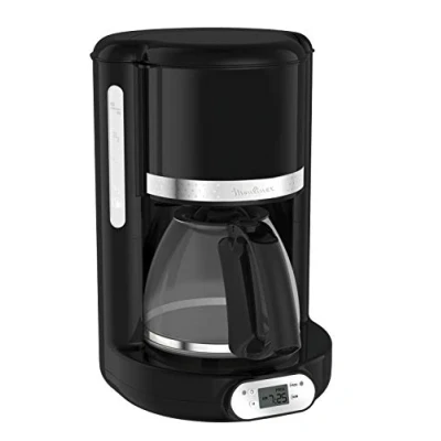 Image de Moulinex Cafetière filtre programmable 24h, Design noir vintage, Capacité 1,25 L, 10 à 15 tasses, Porte pivotant, Maintien au chaud 30 min, Verseuse verre, Soleil FG380B10