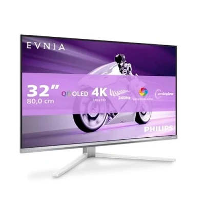 Image de Philips Evnia 32M2N8900AM Moniteur de Jeu UHD OLED 32 Pouces, 240 Hz, 0,03 ms, HDR400, FreeSync Prem. Pro, Version G Sync. (3840x2160, 2X HDMI 2.1, 1x DP 1.4, USB C (65W PD), hub USB) Blanc