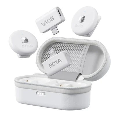 Image de BOYA OMIC Microphone sans fil pour iPhone, Android avec Lightning, prise USB C, suppression du bruit, autonomie de 15 h, portée 50 m, enregistrement vidéo, vlogging (blanc)