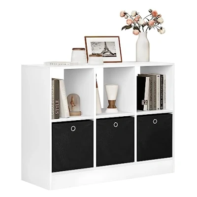 Image de WOLTU Bibliothèque, Meuble de Rangement, Étagère avec 6 Casiers, Cube, 3 Tiroirs en Tissu, Bois d’Ingénierie, Blanc, 80x30x60cm, SK033ws