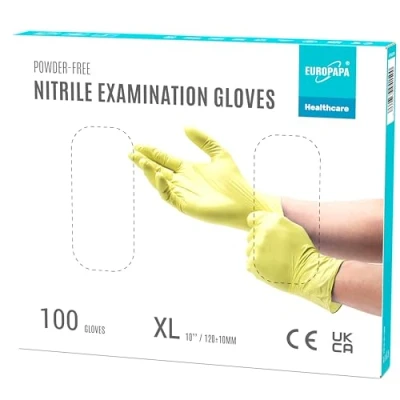 Image de EUROPAPA® Lot de 100 gants jetables en nitrile Non poudrés Sans latex stériles Taille XL Jaune